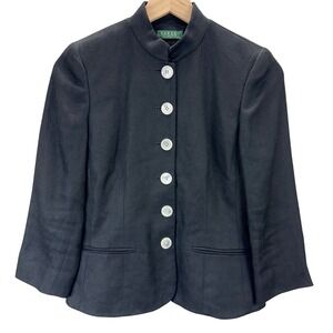 Lauren Ralph Lauren Womens Size 6P Linen Blazer Jacket Black Mandarin Collar
